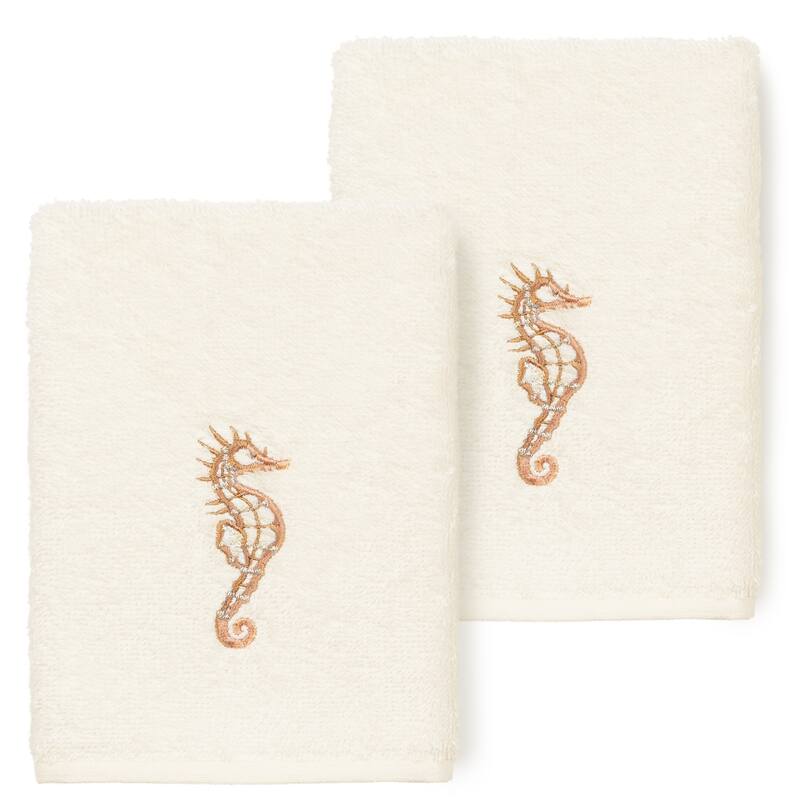 Authentic Hotel and Spa 100% Turkish Cotton Sofia 2PC Embellished Washcloth Set - White / Blue