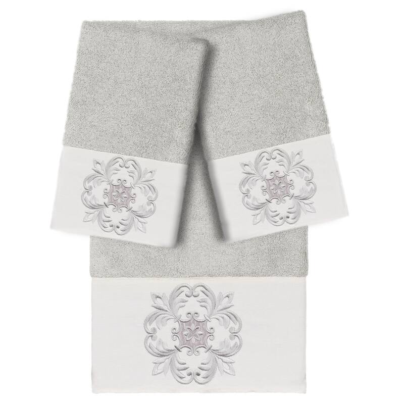 Authentic Hotel and Spa 100% Turkish Cotton Alyssa 3PC Embellished Towel Set - Light Gray