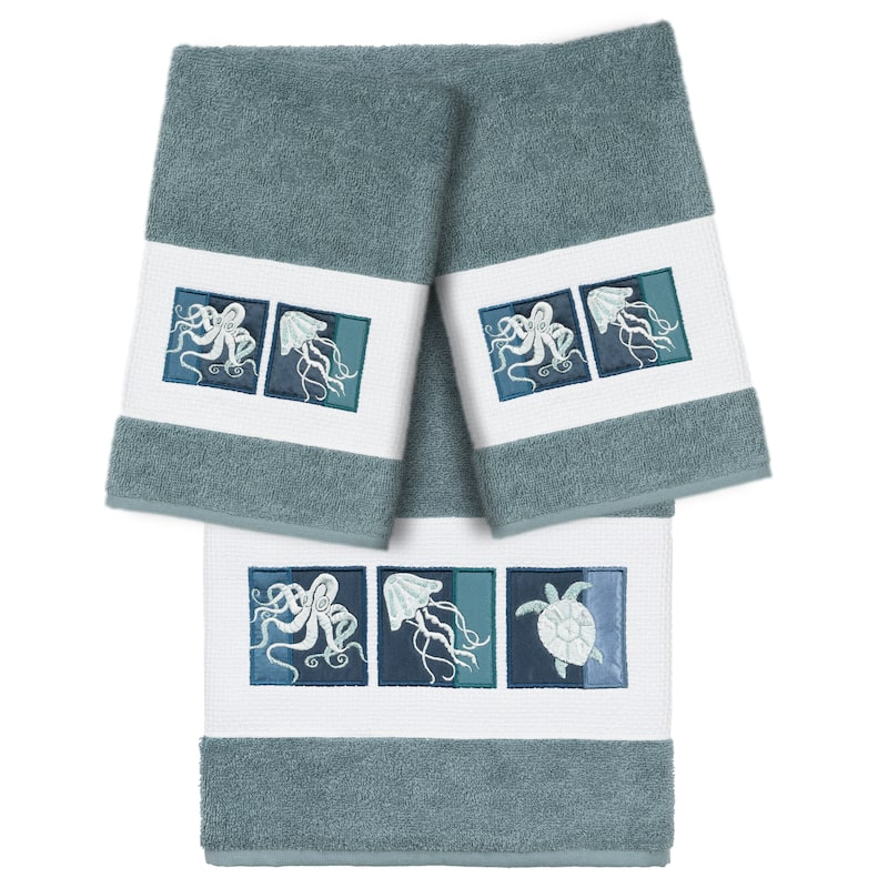 Authentic Hotel and Spa 100% Turkish Cotton Ava 3PC Embellished Towel Set - Teal