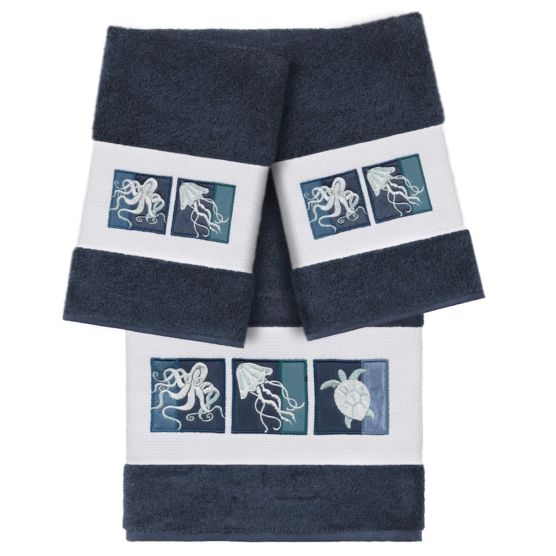 Authentic Hotel and Spa 100% Turkish Cotton Ava 3PC Embellished Towel Set - Midnight Blue