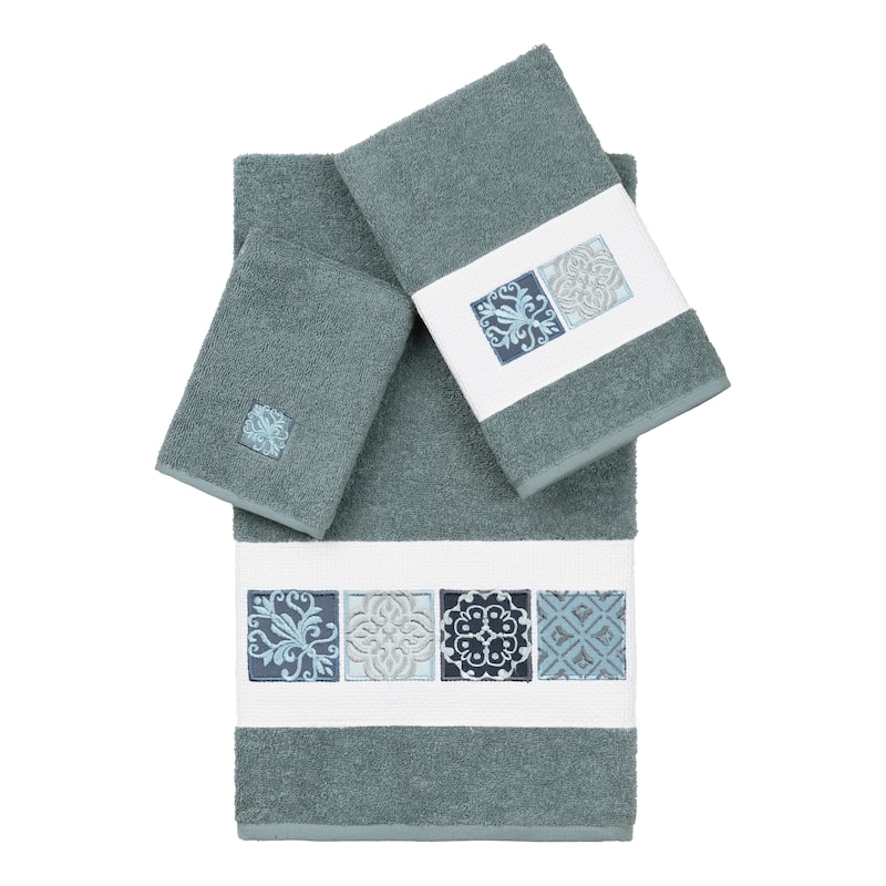 Authentic Hotel and Spa 100% Turkish Cotton Vivian 3PC Embellished Towel Set - Teal