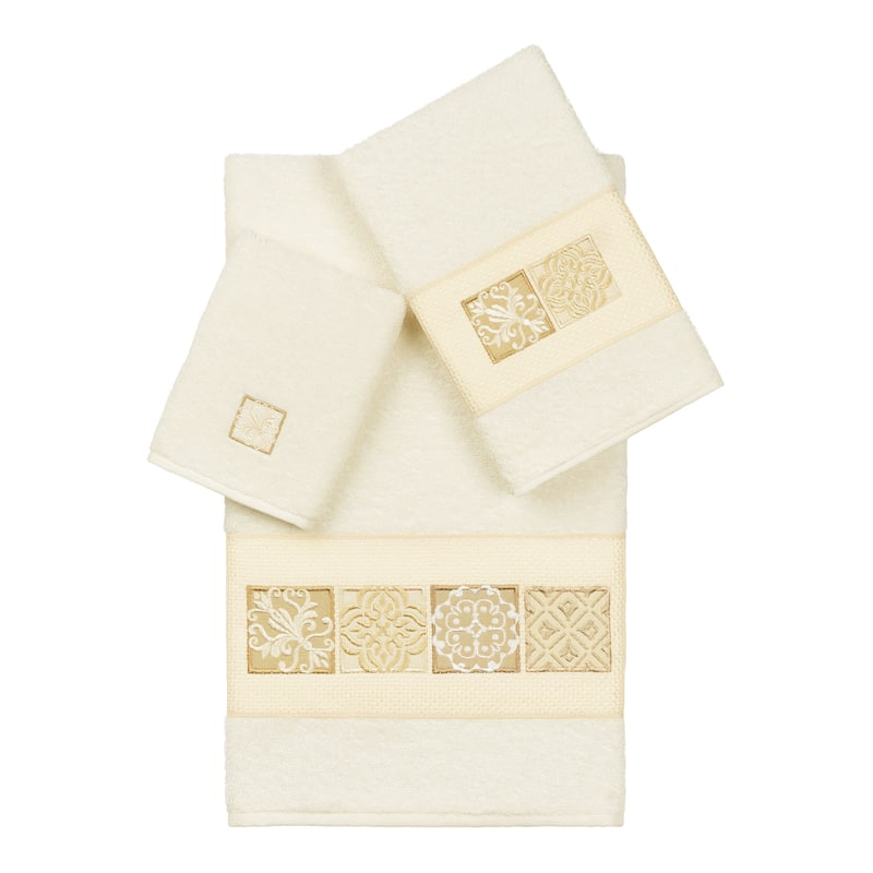 Authentic Hotel and Spa 100% Turkish Cotton Vivian 3PC Embellished Towel Set - Cream