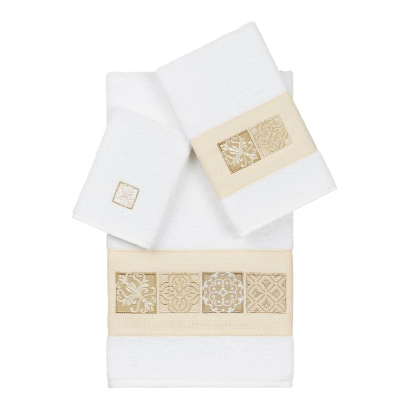 Authentic Hotel and Spa 100% Turkish Cotton Vivian 3PC Embellished Towel Set - White