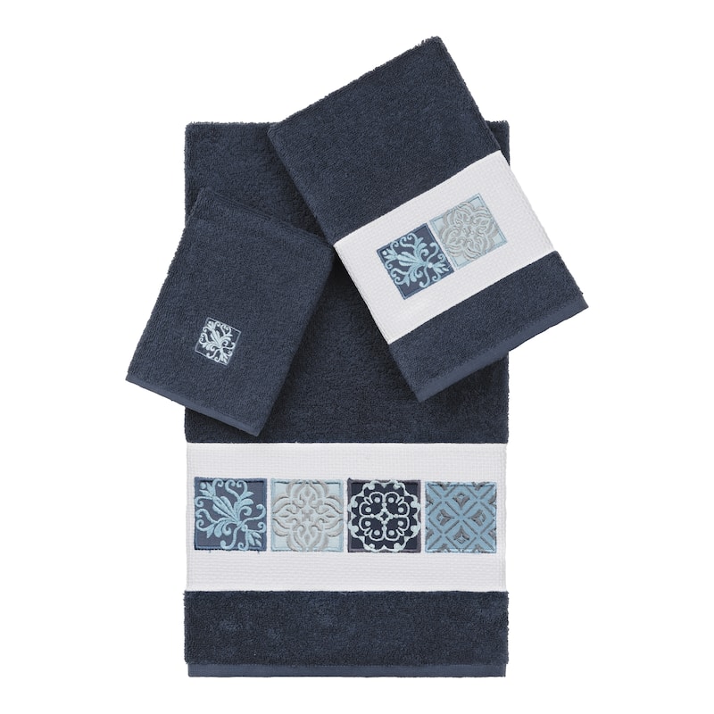 Authentic Hotel and Spa 100% Turkish Cotton Vivian 3PC Embellished Towel Set - Midnight Blue