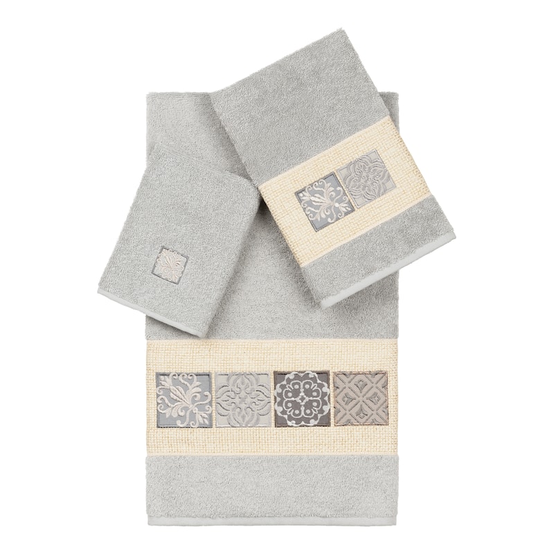 Authentic Hotel and Spa 100% Turkish Cotton Vivian 3PC Embellished Towel Set - Light Gray