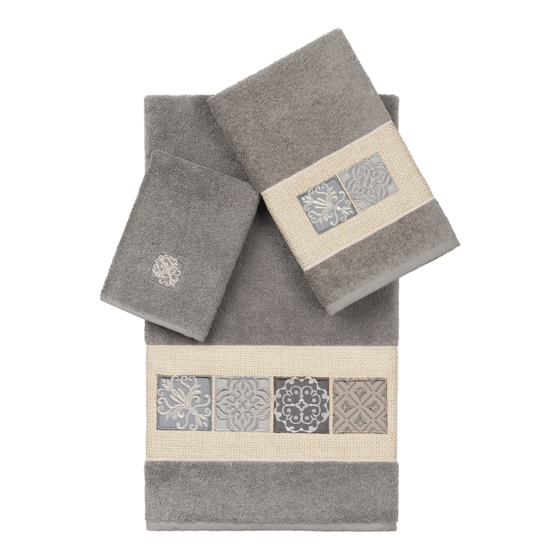 Authentic Hotel and Spa 100% Turkish Cotton Vivian 3PC Embellished Towel Set - Dark Gray