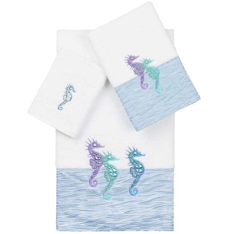 Authentic Hotel and Spa 100% Turkish Cotton Sofia 3PC Embellished Towel Set - White / Blue