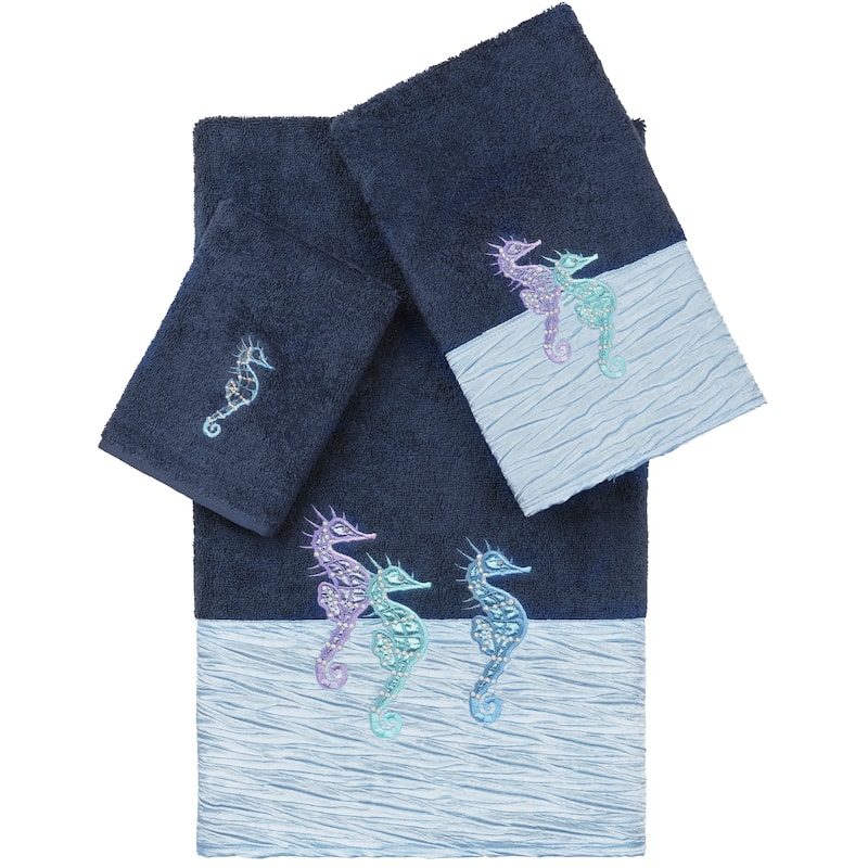 Authentic Hotel and Spa 100% Turkish Cotton Sofia 3PC Embellished Towel Set - Midnight Blue