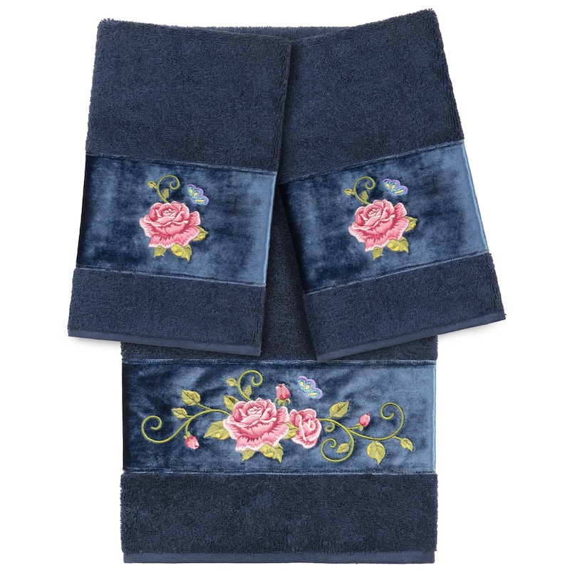 Authentic Hotel and Spa 100% Turkish Cotton Rebecca 3PC Embellished Towel Set - Midnight Blue