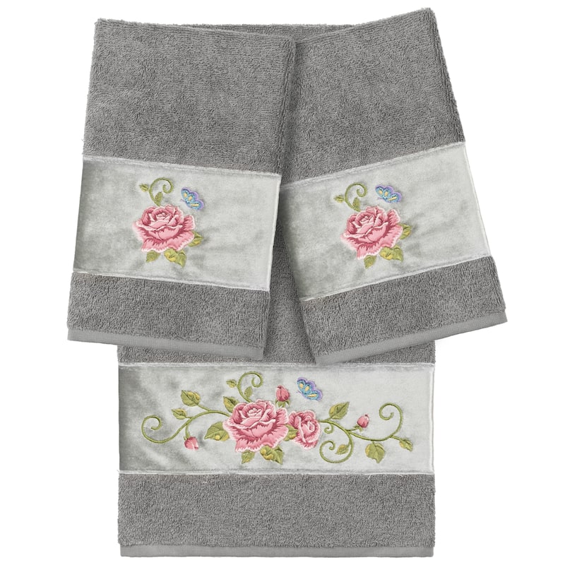 Authentic Hotel and Spa 100% Turkish Cotton Rebecca 3PC Embellished Towel Set - Dark Gray