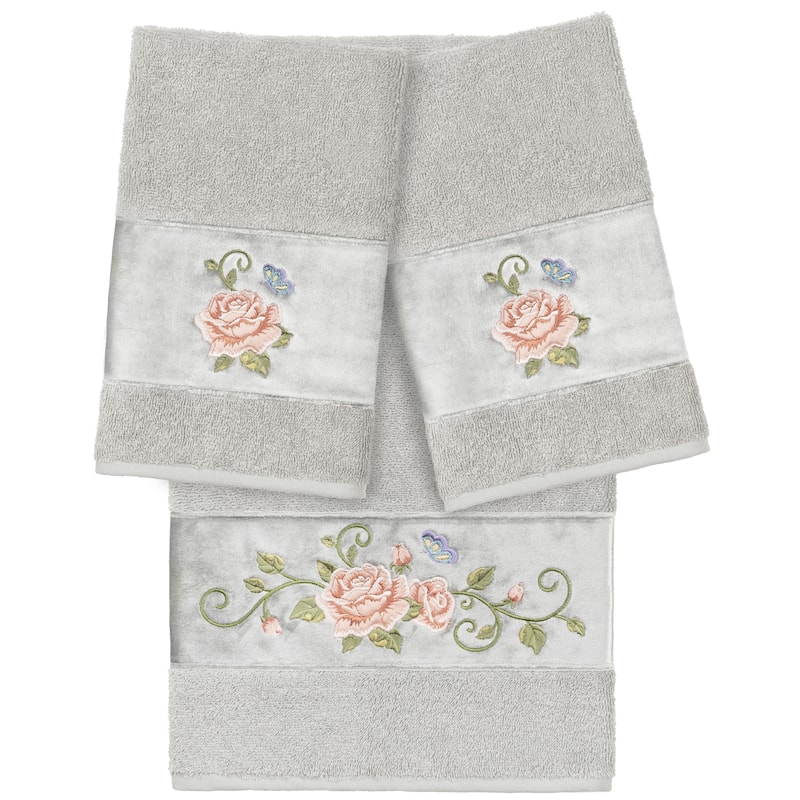 Authentic Hotel and Spa 100% Turkish Cotton Rebecca 3PC Embellished Towel Set - Light Gray