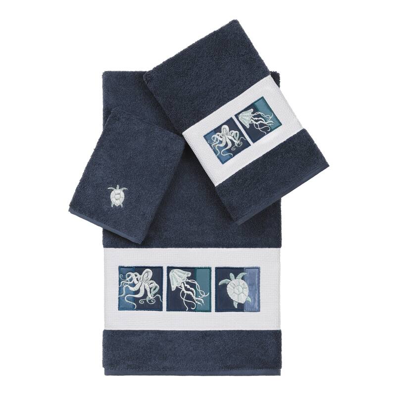 Authentic Hotel and Spa 100% Turkish Cotton Ava 3PC Embellished Towel Set - Midnight Blue