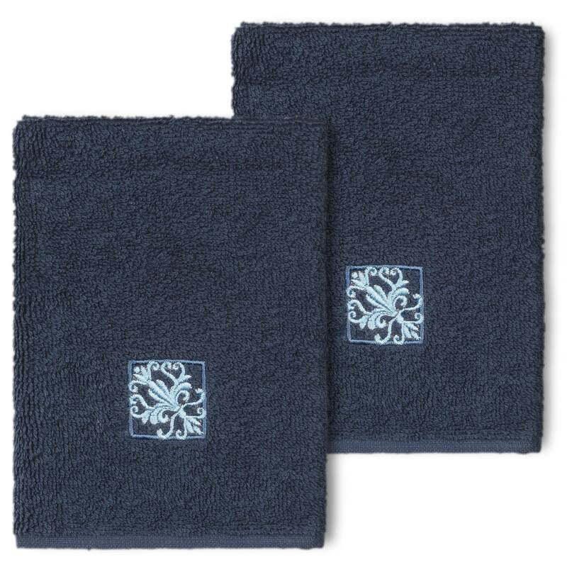 Authentic Hotel and Spa 100% Turkish Cotton Vivian 2PC Embellished Washcloth Set - Midnight Blue