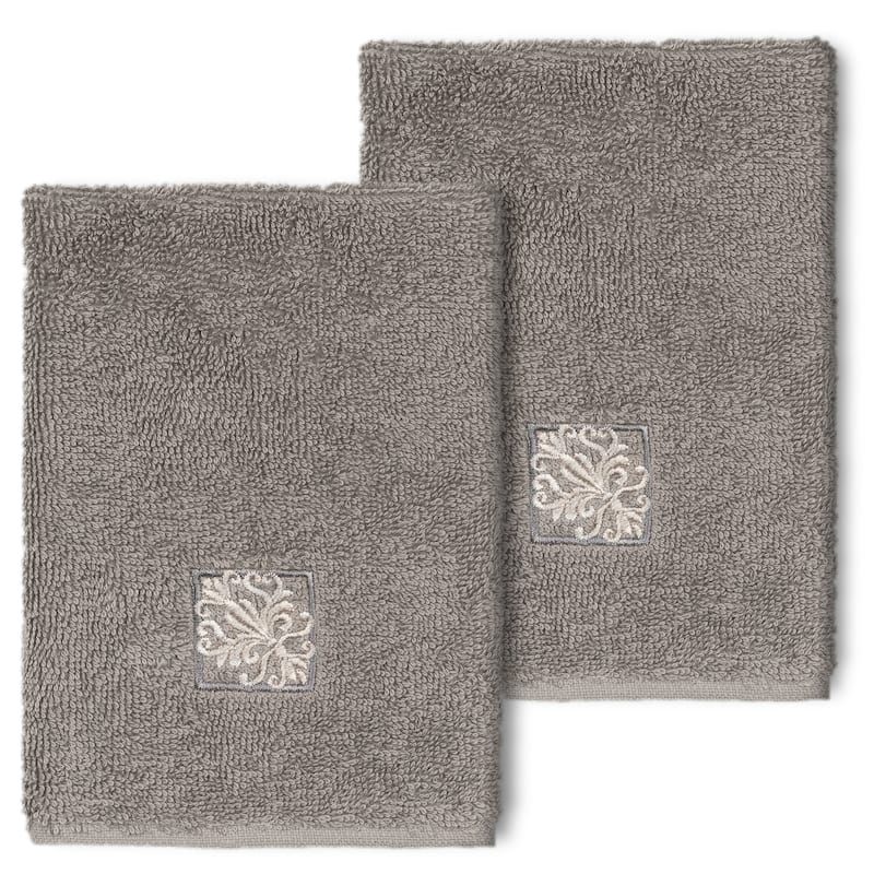 Authentic Hotel and Spa 100% Turkish Cotton Vivian 2PC Embellished Washcloth Set - Dark Gray