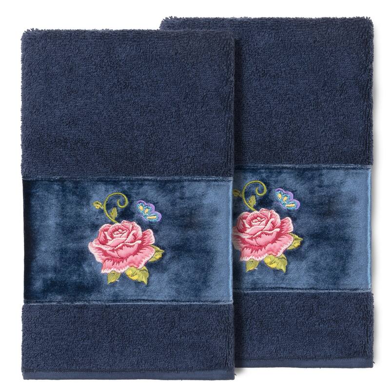 Authentic Hotel and Spa 100% Turkish Cotton Rebecca 2PC Embellished Hand Towel Set - Midnight Blue