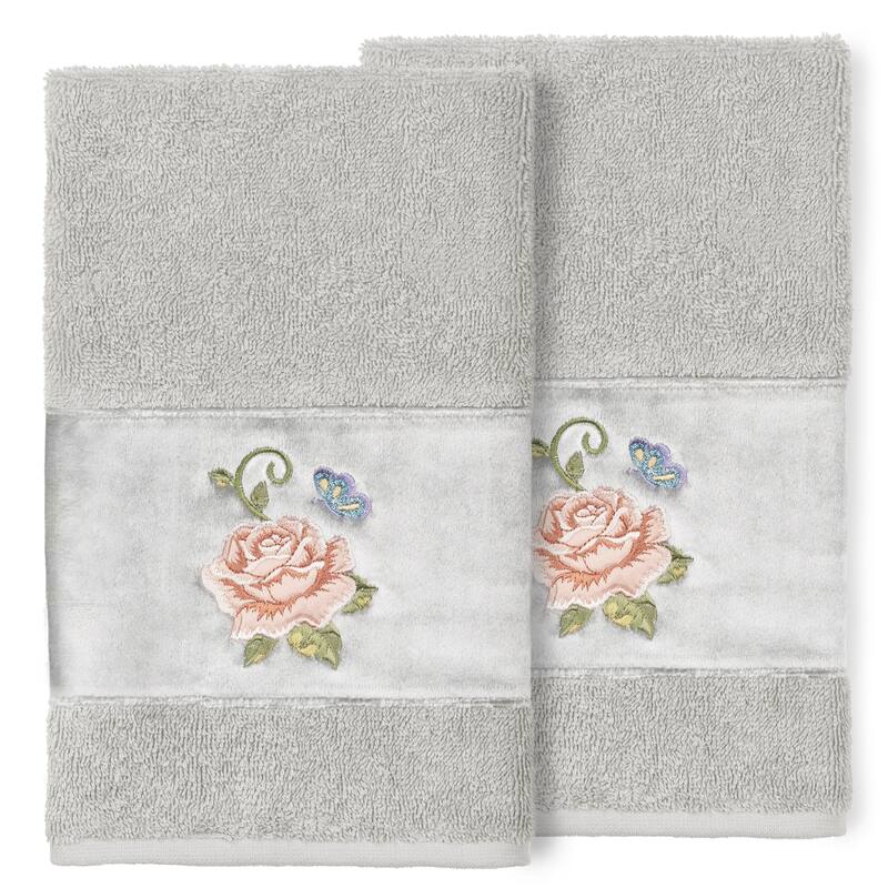 Authentic Hotel and Spa 100% Turkish Cotton Rebecca 2PC Embellished Hand Towel Set - Light Gray