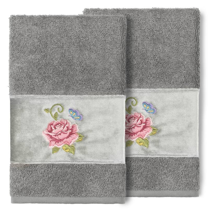 Authentic Hotel and Spa 100% Turkish Cotton Rebecca 2PC Embellished Hand Towel Set - Dark Gray