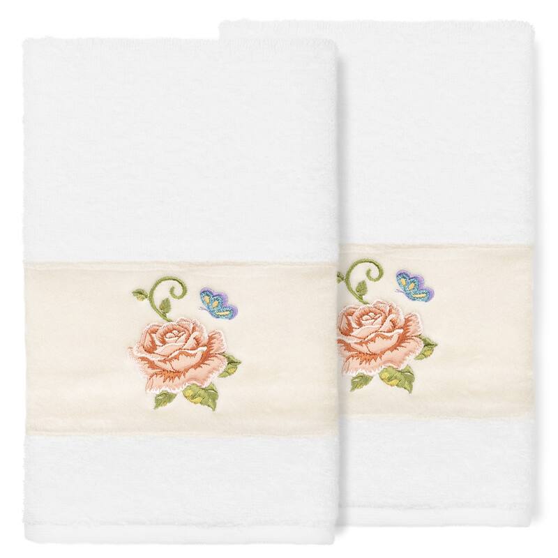 Authentic Hotel and Spa 100% Turkish Cotton Rebecca 2PC Embellished Hand Towel Set - White
