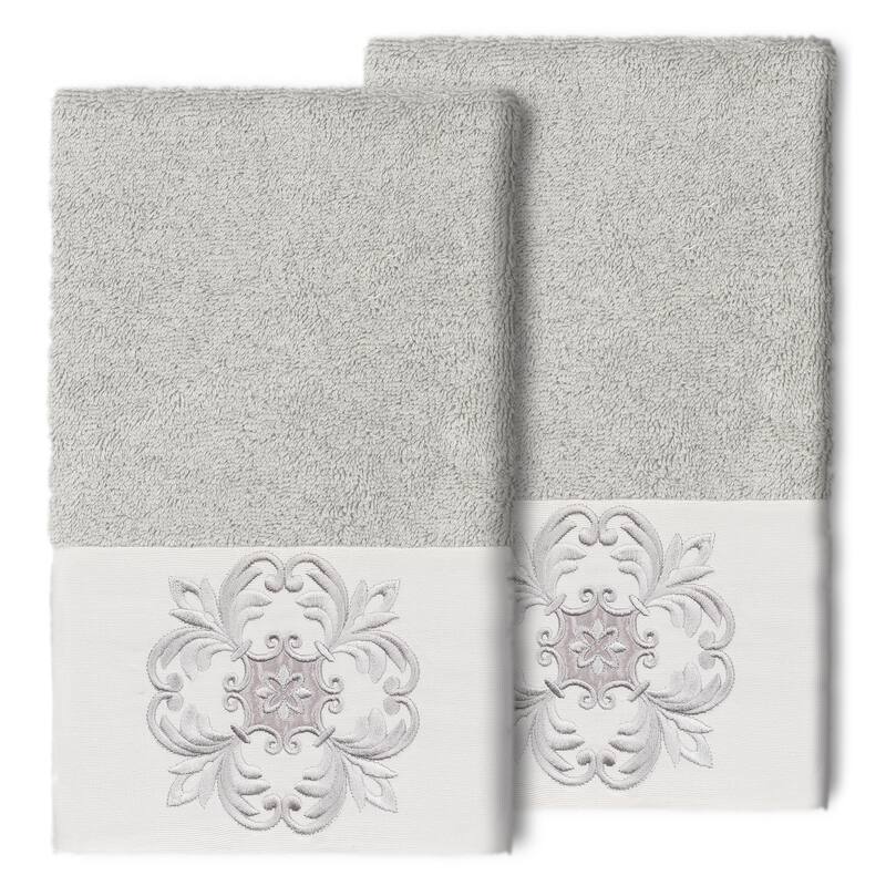 Authentic Hotel and Spa 100% Turkish Cotton Alyssa 2PC Embellished Hand Towel Set - Light Gray