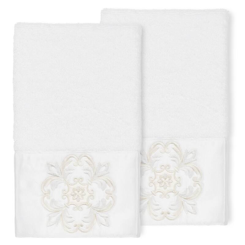 Authentic Hotel and Spa 100% Turkish Cotton Alyssa 2PC Embellished Hand Towel Set - White