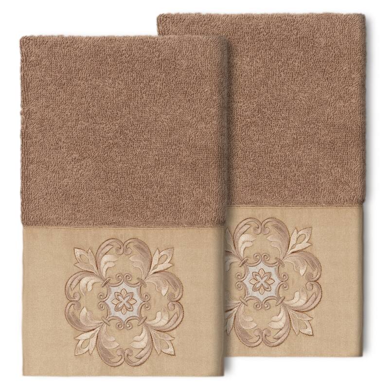 Authentic Hotel and Spa 100% Turkish Cotton Alyssa 2PC Embellished Hand Towel Set - Latte