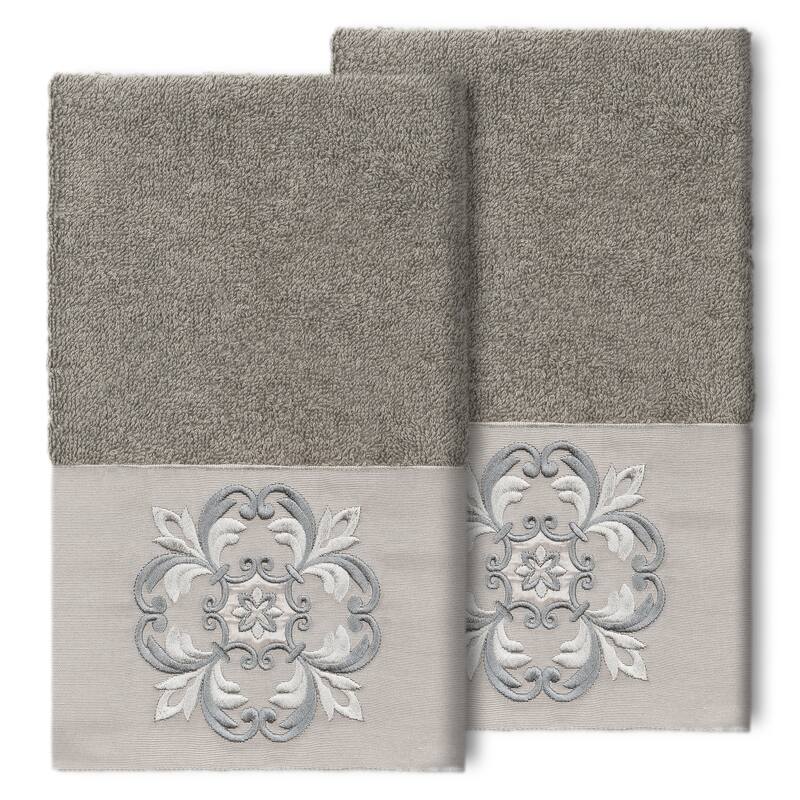 Authentic Hotel and Spa 100% Turkish Cotton Alyssa 2PC Embellished Hand Towel Set - Dark Gray