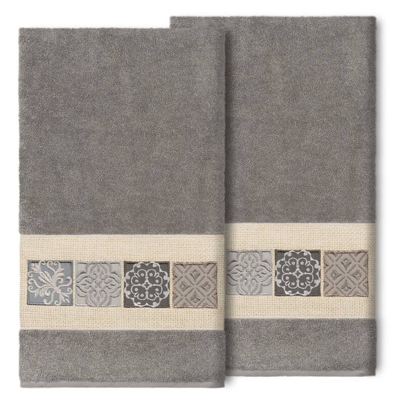 Authentic Hotel and Spa 100% Turkish Cotton Vivian 2PC Embellished Bath Towel Set - Dark Gray