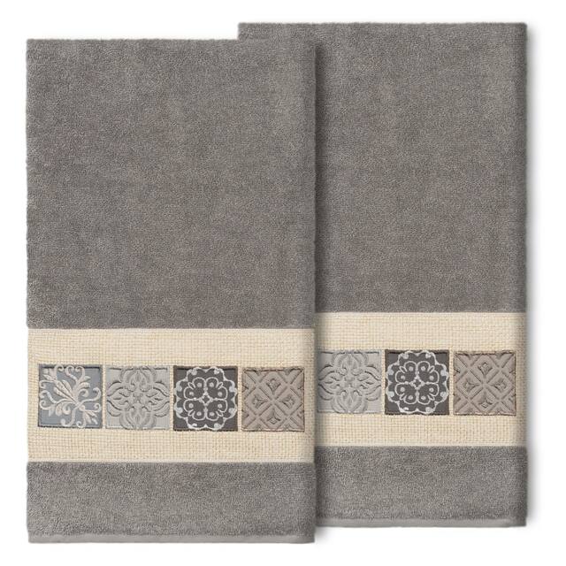 Authentic Hotel and Spa 100% Turkish Cotton Vivian 2PC Embellished Bath Towel Set - Dark Gray