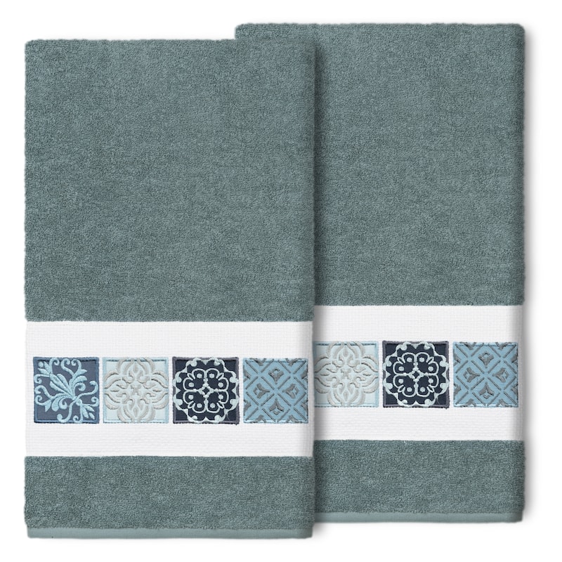 Authentic Hotel and Spa 100% Turkish Cotton Vivian 2PC Embellished Bath Towel Set - Teal