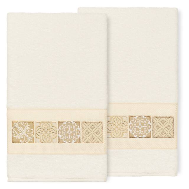 Authentic Hotel and Spa 100% Turkish Cotton Vivian 2PC Embellished Bath Towel Set - Cream