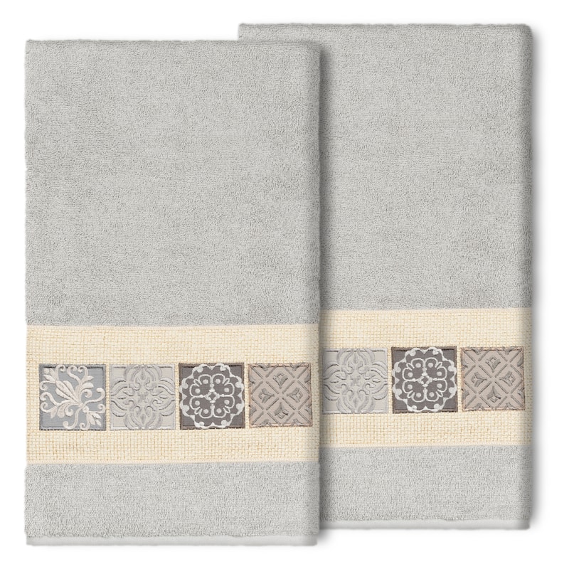 Authentic Hotel and Spa 100% Turkish Cotton Vivian 2PC Embellished Bath Towel Set - Light Gray
