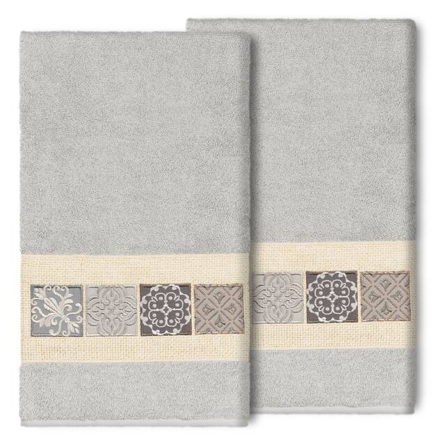 Authentic Hotel and Spa 100% Turkish Cotton Vivian 2PC Embellished Bath Towel Set - Light Gray