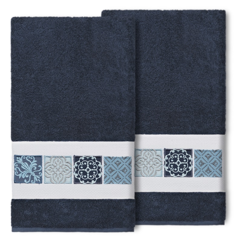 Authentic Hotel and Spa 100% Turkish Cotton Vivian 2PC Embellished Bath Towel Set - Midnight Blue