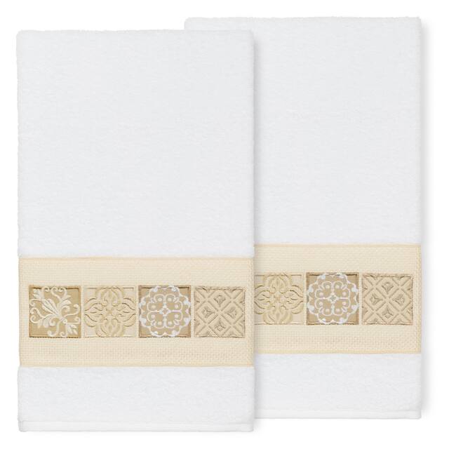 Authentic Hotel and Spa 100% Turkish Cotton Vivian 2PC Embellished Bath Towel Set - White