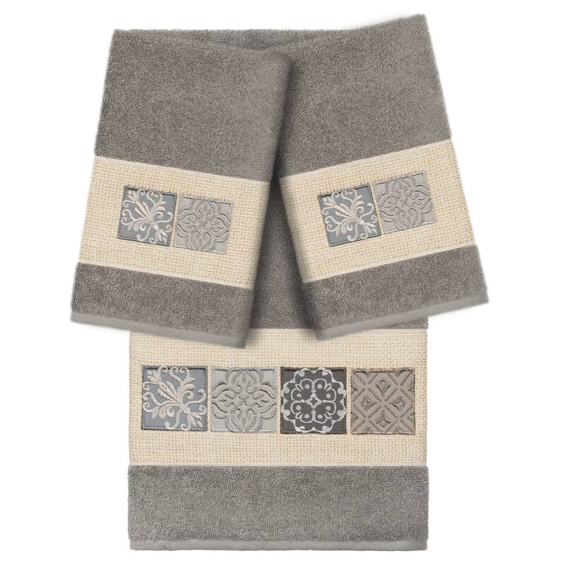 Authentic Hotel and Spa 100% Turkish Cotton Vivian 3PC Embellished Towel Set - Dark Gray