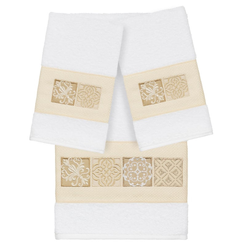 Authentic Hotel and Spa 100% Turkish Cotton Vivian 3PC Embellished Towel Set - White