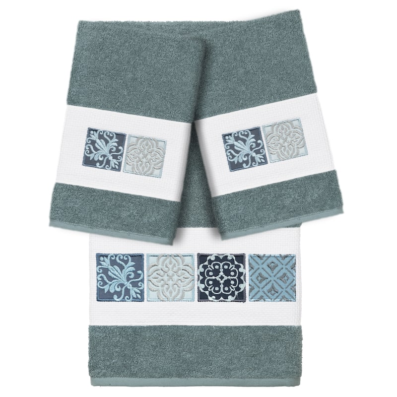 Authentic Hotel and Spa 100% Turkish Cotton Vivian 3PC Embellished Towel Set - Teal