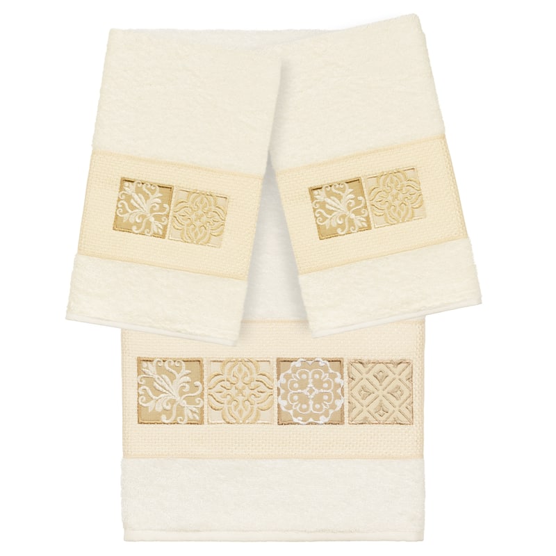 Authentic Hotel and Spa 100% Turkish Cotton Vivian 3PC Embellished Towel Set - Cream