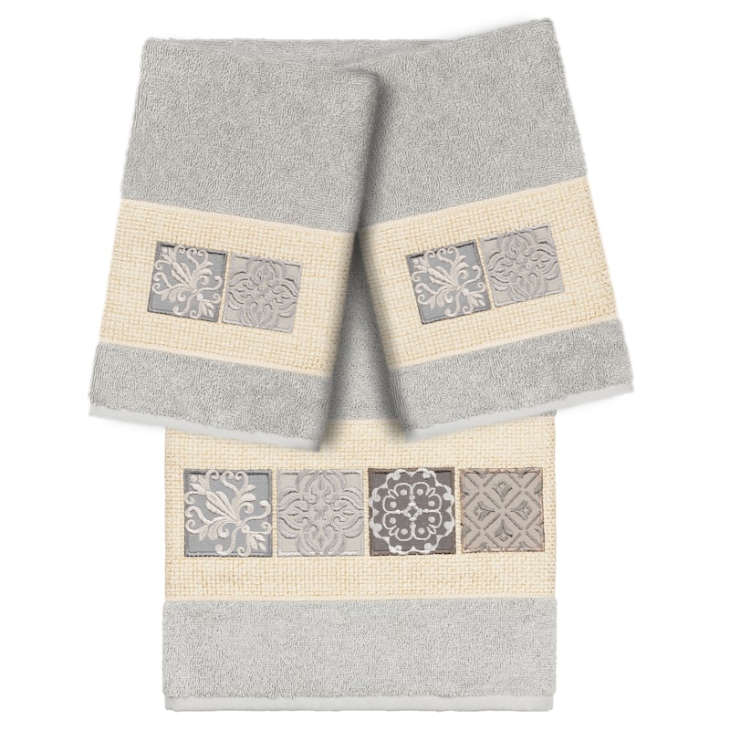 Authentic Hotel and Spa 100% Turkish Cotton Vivian 3PC Embellished Towel Set - Light Gray