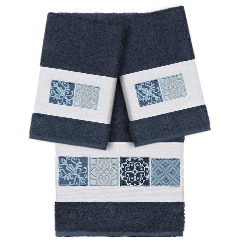 Authentic Hotel and Spa 100% Turkish Cotton Vivian 3PC Embellished Towel Set - Midnight Blue