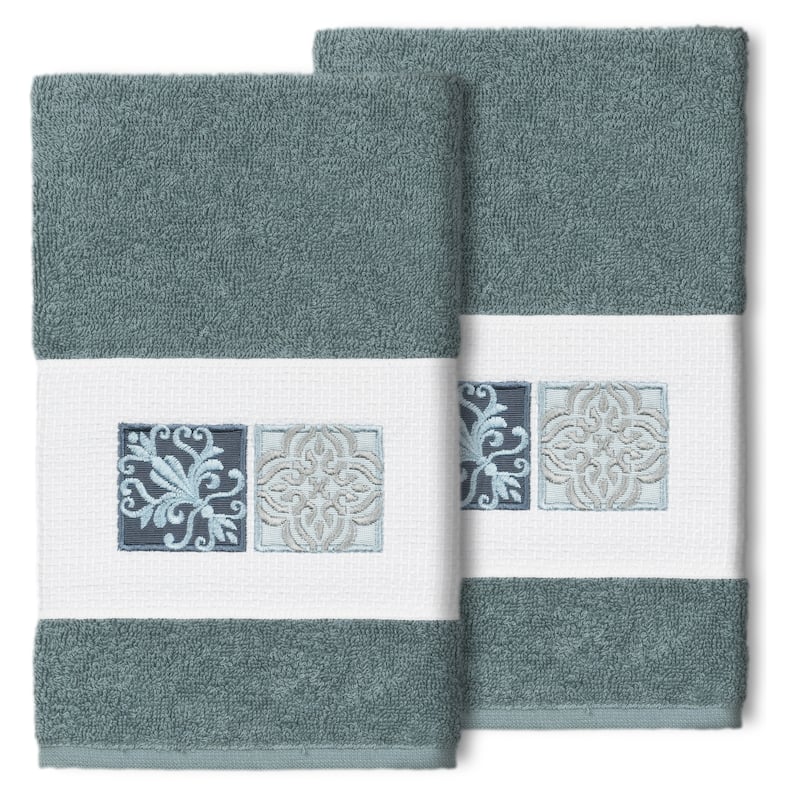 Authentic Hotel and Spa 100% Turkish Cotton Vivian 2PC Embellished Hand Towel Set - Teal