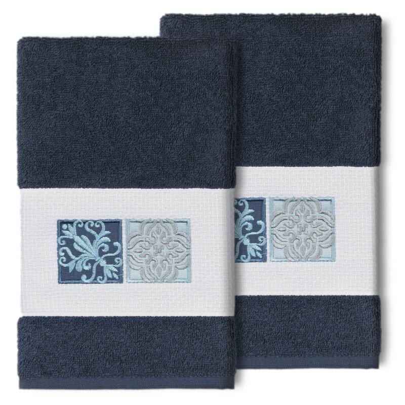 Authentic Hotel and Spa 100% Turkish Cotton Vivian 2PC Embellished Hand Towel Set - Midnight Blue