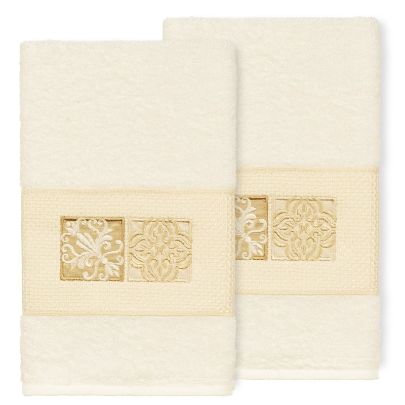 Authentic Hotel and Spa 100% Turkish Cotton Vivian 2PC Embellished Hand Towel Set - Cream