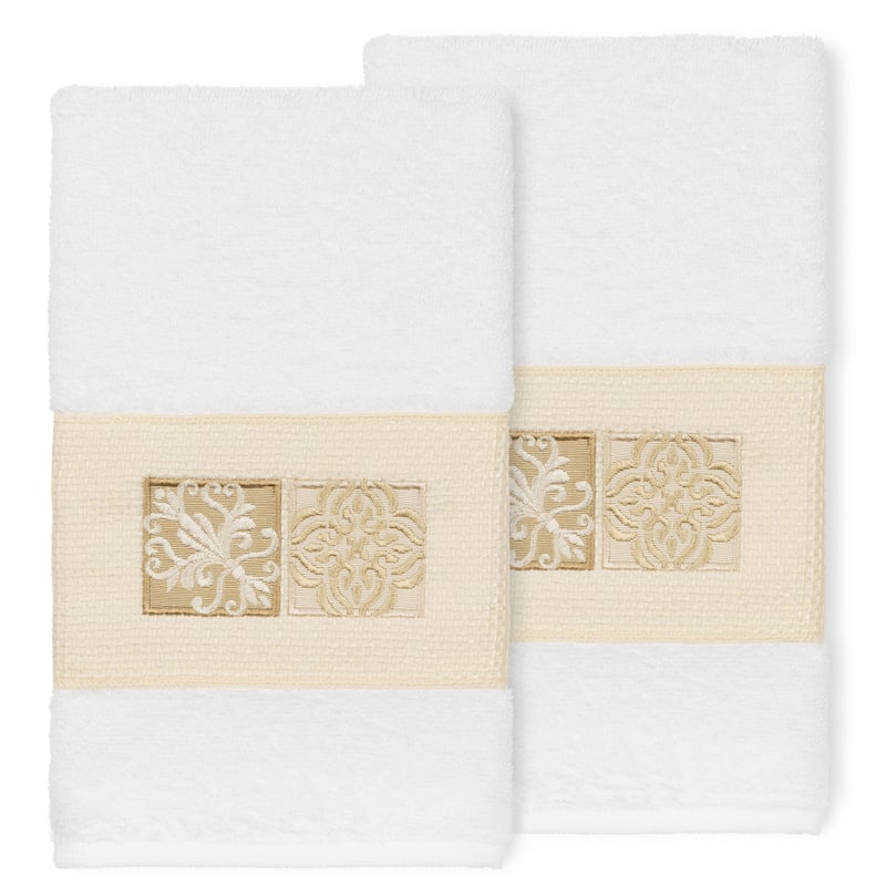 Authentic Hotel and Spa 100% Turkish Cotton Vivian 2PC Embellished Hand Towel Set - White