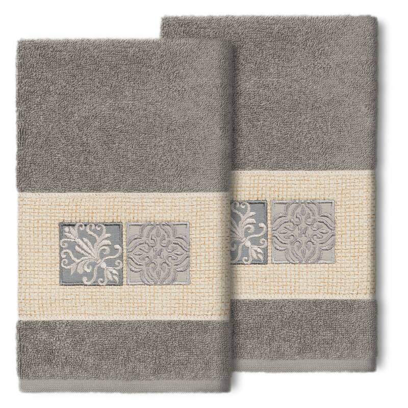 Authentic Hotel and Spa 100% Turkish Cotton Vivian 2PC Embellished Hand Towel Set - Dark Gray
