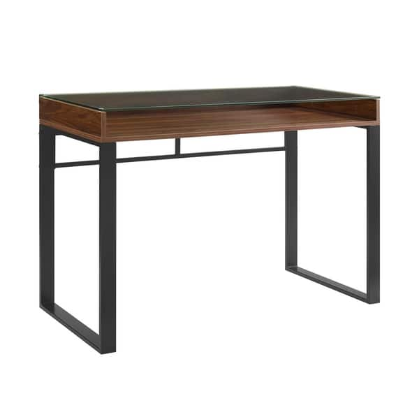 Office Accents 42 Modern Glass Top Desk With Metal Legs Dark Walnut And Black Overstock 28730293