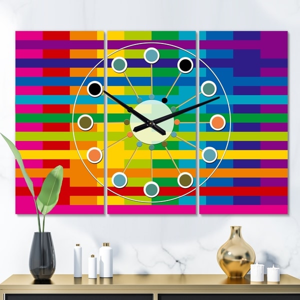 Designart 'Rainbow colors simple geometric pattern.' Oversized Mid-Century wall clock - 3 Panels