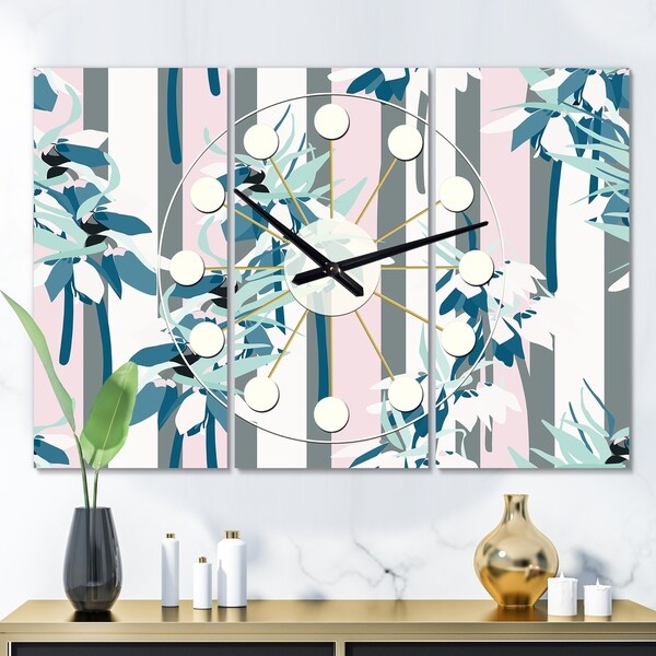 Designart 'Retro Handdrawn Lilies' Oversized Mid-Century wall clock - 3 Panels - 36 in. wide x 28 in. high - 3 Panels