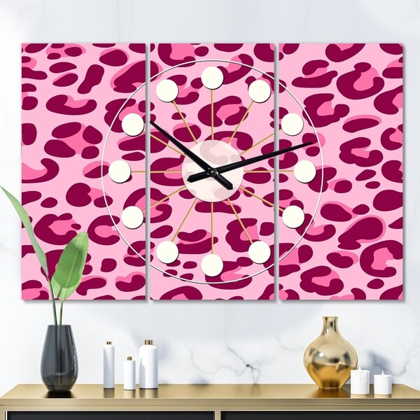 Designart 'Pink Leopard Pattern ' Oversized Mid-Century wall clock - 3 Panels - 36 in. wide x 28 in. high - 3 Panels