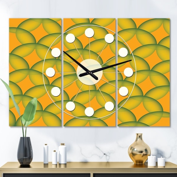 Designart 'Retro Abstract Design In Yellow and Green ' Oversized Mid-Century wall clock - 3 Panels